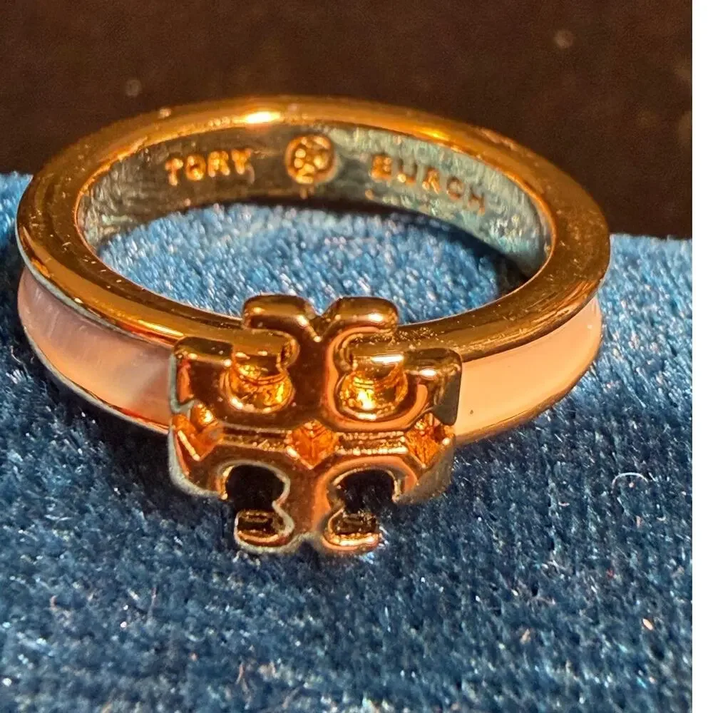 Tory Burch Icon Enamel Ring Gold & White Size 6.5 Double T Logo NWOT